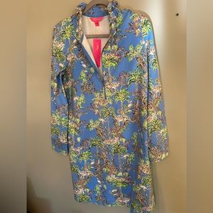 NWT Lilly Pulitzer Skipper UPF 50 Blue Thistle Tiger Queen Ruffle Terry Dress XL